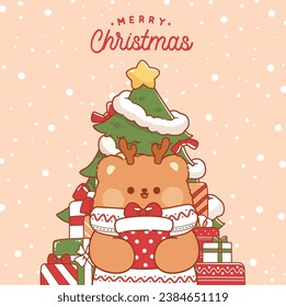 Merry christmas greeting card with cute teddy bear kawaii cartoon