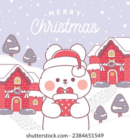 Merry christmas greeting card with cute rabbit winter snow background