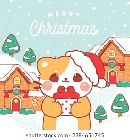 Merry christmas greeting card with cute cat winter snow background