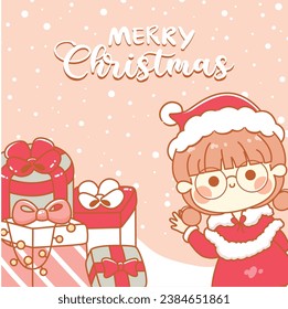 Merry christmas greeting card with cute girl kawaii cartoon