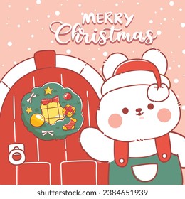 Merry christmas greeting card with cute animals kawaii cartoon