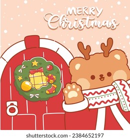 Merry christmas greeting card with cute teddy bear kawaii cartoon