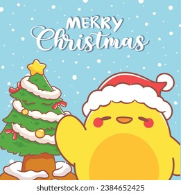 Merry christmas greeting card with cute animals kawaii cartoon