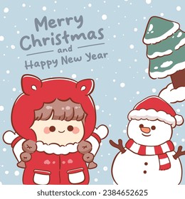 Merry christmas greeting card with cute girl and snowman kawaii cartoon