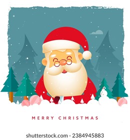 Merry Christmas Greeting Card With Cute Santa Claus, Snowman, Paper Cut Baubles, Xmas Trees On Blue And White Background.