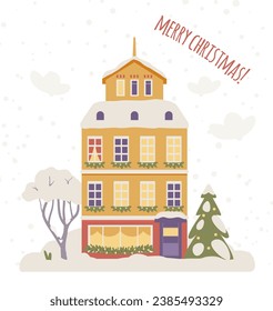 Merry Christmas greeting card with cute snowy house with Christmas decorations flat vector illustration.