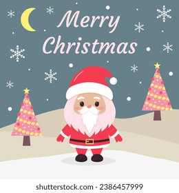 Merry Christmas greeting card with cute Santa Claus, pink Christmas trees and snowflakes. Winter snowy landscape.  Holiday cartoon character. 