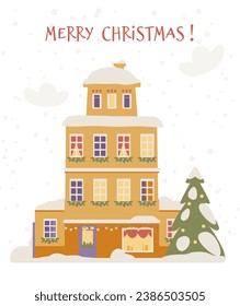 Merry Christmas greeting card with cute snowy house with Christmas decorations flat vector illustration.