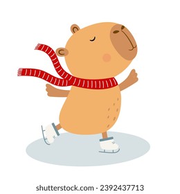 Feliz tarjeta de felicitación navideña con un bonito capibara patinando en una bufanda. Deportes de invierno. 