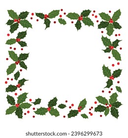 Merry Christmas greeting card, cute frame or background with decorative holly pattern vector illustration