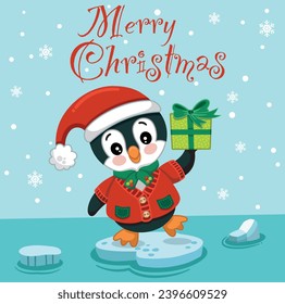 Merry Christmas greeting card with cute penguin content. Vector illustration.