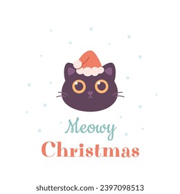 Merry Christmas greeting card with cute cat in Santa hat. Vector illustration in flat style