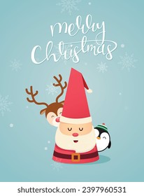 Merry Christmas greeting card with cute penguin, reindeer and Santa. Vector illustration.	
