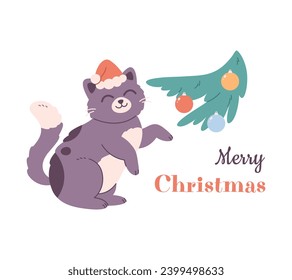 Merry Christmas greeting card. Cute cat in Santa hat playing with Christmas tree toys. Vector illustration in flat style 