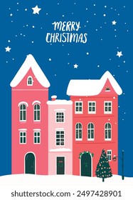 Merry Christmas greeting card, cute red houses scene, winter snowy night illustration