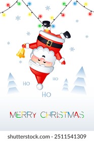 Merry Christmas. Greeting card with cute Santa Claus hanging upside down. Vector illustration.