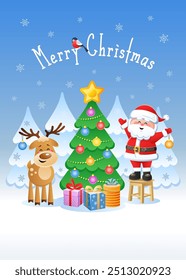 Merry Christmas. Greeting card with cute Santa Claus and Deer. Vector illustration.