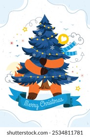 Merry Christmas greeting card with a cute fox holding a christmas tree