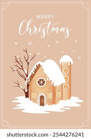 Merry Christmas, greeting card with cute gingerbread house on a soft beige background. Merry Christmas text adds a festive touch. Perfect for cards and holiday decor. Vector illustration.