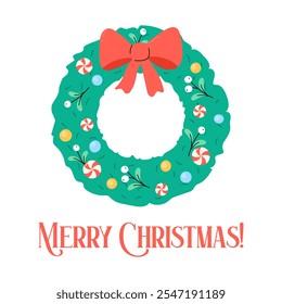 Merry Christmas greeting card. Cute Christmas wreath and text. Simple square vector illustration with Xmas greetings. 