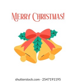 Merry Christmas greeting card. Cute golden bells with ribbon bow and holly leaves Xmas symbol. Simple square vector illustration with winter holiday greetings. 