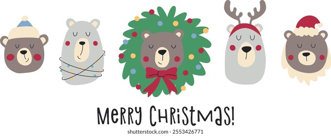 Merry Christmas greeting card with cute bears. Hand drawn bears with Christmas attributes.