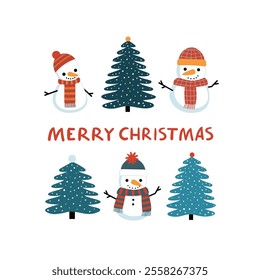 Merry Christmas greeting card with cute snowman and snowy Christmas tree. Simple flat vector illustration on white background.