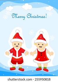 Merry christmas greeting card with a cute little girl and boy wearing santa clothes and hat
