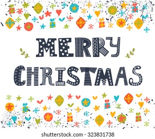 Merry Christmas greeting card. Cute postcard with hand drawn decorative elements. Happy holidays. Vector illustration