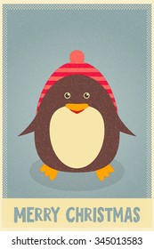 Merry Christmas Greeting Card with Cute Penguin in Striped Hat. Vector Illustration.