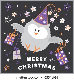 MERRY CHRISTMAS - GREETING CARD WITH CUTE CARTOON OWL - HAND DRAWN - VECTOR ILLUSTRATION