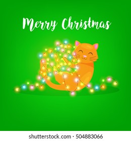 Merry Christmas greeting card. Cute cat play  with garland . christmas lights