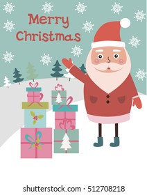 Merry Christmas Greeting Card with cute present. Template for New Year Card. Vector illustration