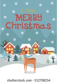 Merry Christmas Greeting Card with cute present. Template for New Year Card. Vector illustration