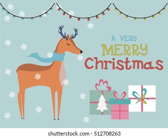 Merry Christmas Greeting Card with cute present. Template for New Year Card. Vector illustration