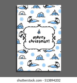 Merry christmas greeting card with cute cartoon seal. Vector doodle snowflakes, and icebergs. Arctic animal wears scarf