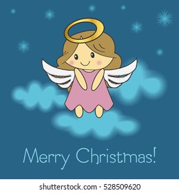 Merry Christmas greeting card. Christmas cute angel. Vector illustration.