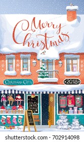 "Merry Christmas" greeting card - cute vector winter house with a Christmas market on the first floor under a snowfall - for postcards, posters, banners, sales and other Christmas and New Year events.