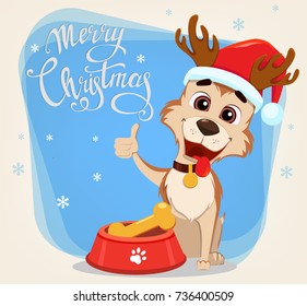 Merry Christmas greeting card. Cute dog wearing Santa Claus hat and deer antlers sitting near bowl with food. Vector illustration.