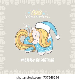 Merry Christmas. Greeting card with a cute unicorn, Santa, Lettering, Cartoon. T-shirt design.