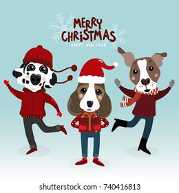 Merry Christmas greeting card with cute dogs