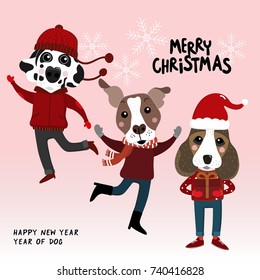 Merry Christmas greeting card with cute dogs