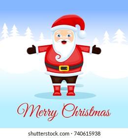 Merry Christmas - greeting card with cute cartoon Santa Claus on the winter landscape. Christmas template. Merry Christmas postcard. Vector illustration