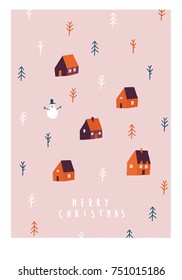 Merry christmas greeting card with cute little cabins in the forest.