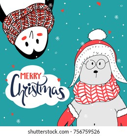Merry Christmas greeting card. Cute penguin and bear