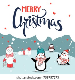 Merry Christmas greeting card. Cute penguin and bear