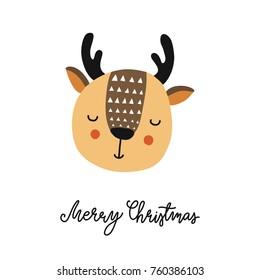 Merry christmas greeting card with cute character deer. Animal illustration