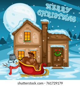 Merry Christmas Greeting Card. Cute Snowman with Gift Bag and Sleigh in front of a Decorated House. Vector Illustration. Cartoon Characters