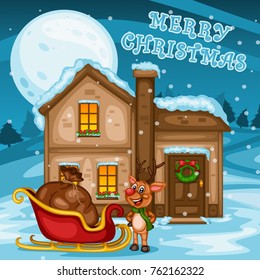 Merry Christmas Greeting Card. Cute Reinder with Gift Bag and Sleigh in front of a Decorated House. Vector Illustration. Cartoon Characters