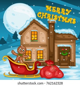 Merry Christmas Greeting Card. Cute Gingerbread Man with Gift Box and Sleigh in front of a Decorated House. Vector Illustration. Cartoon Characters